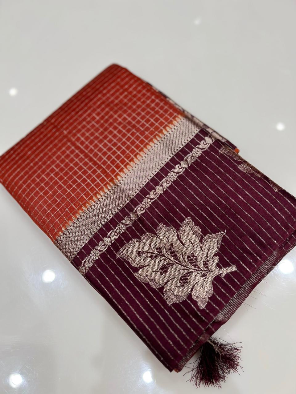 Semi Silk Saree -  Dark orange to Maroon  shade Search code 1018