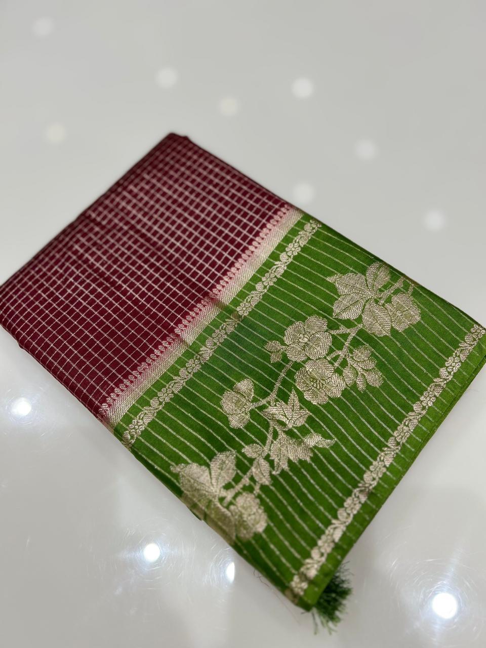 Semi Silk Saree -  Maroon to Green   shade Search code 1019