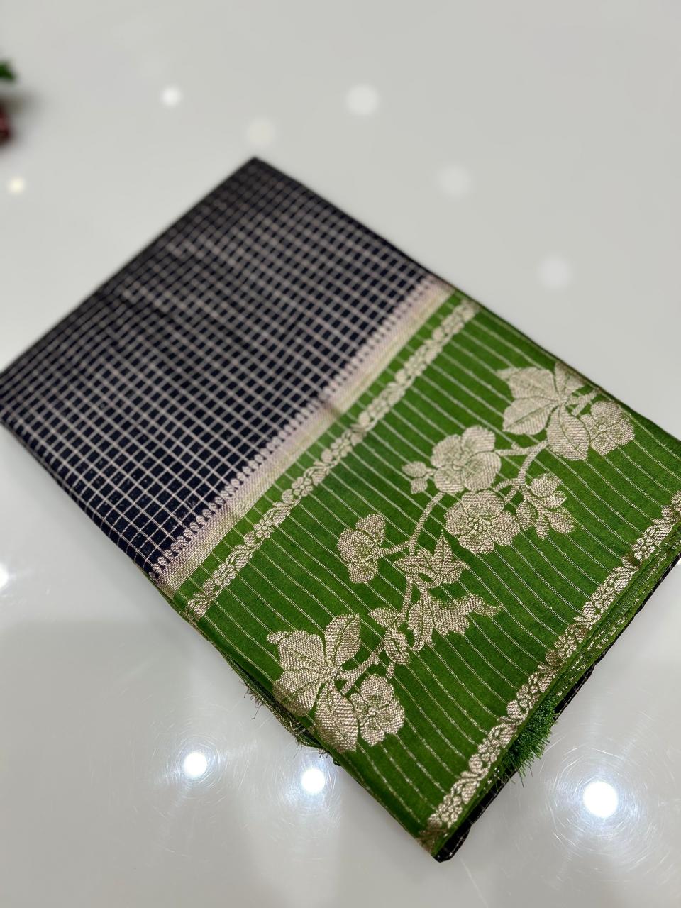 Semi Silk Saree -  Navy blue to Green   shade Search code 1020