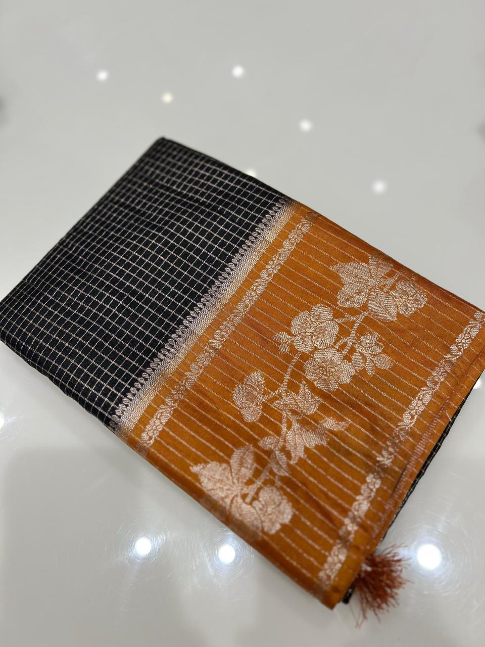 Semi Silk Saree -  Black to mastered  shade Search code 1021