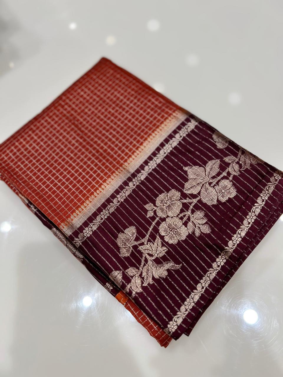 Semi Silk Saree -   Burn orange   to maroon shade Search code 1024