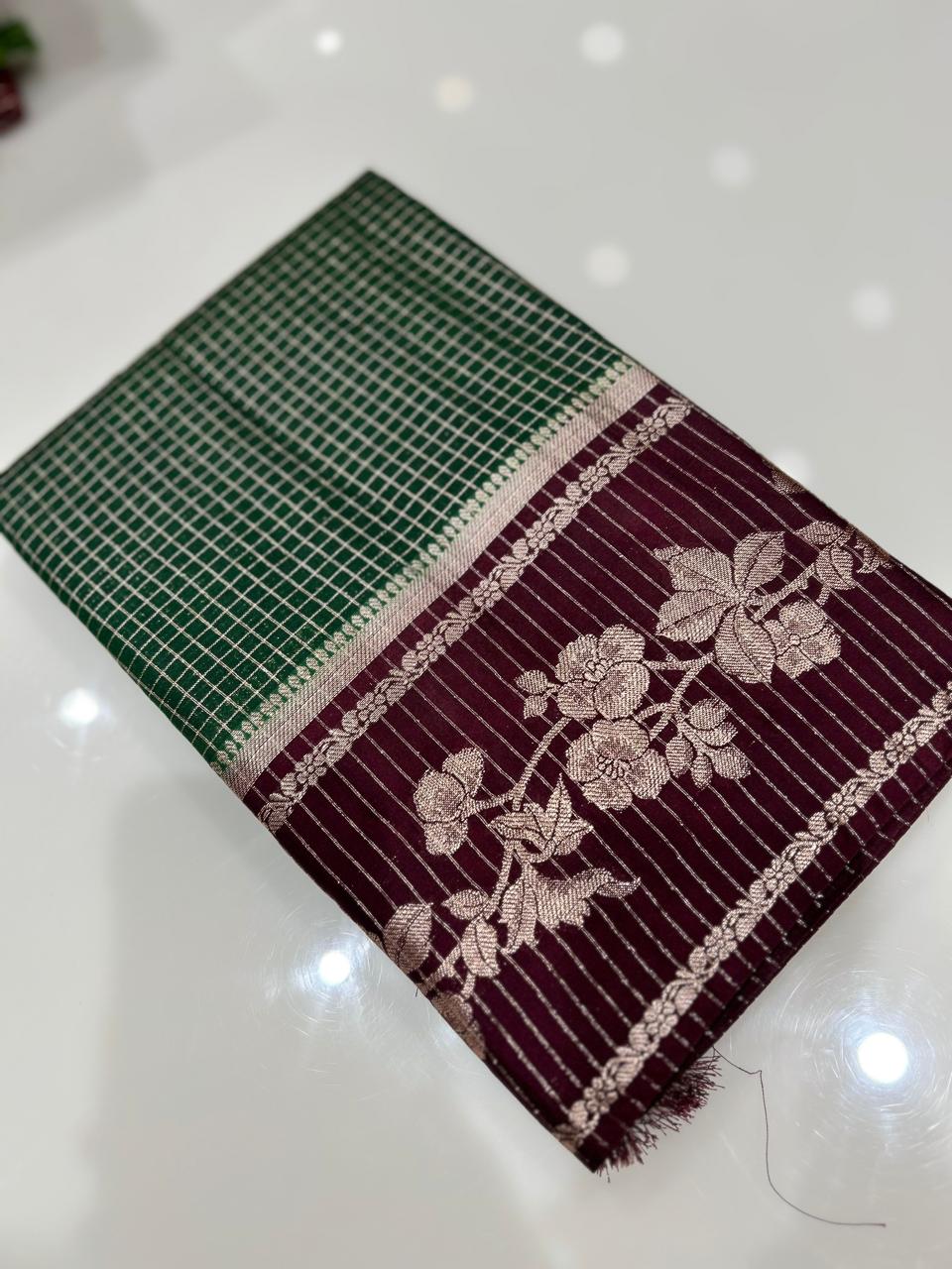 Semi Silk Saree -   Emarald green  to coffee brown  shade Search code 1025