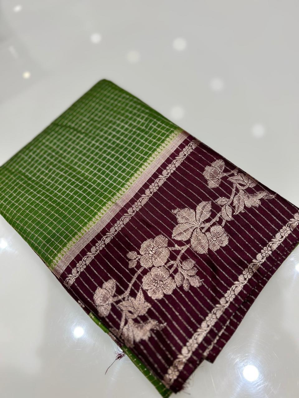 Semi Silk Saree -  Green to Coffee brown  shade Search code 1027