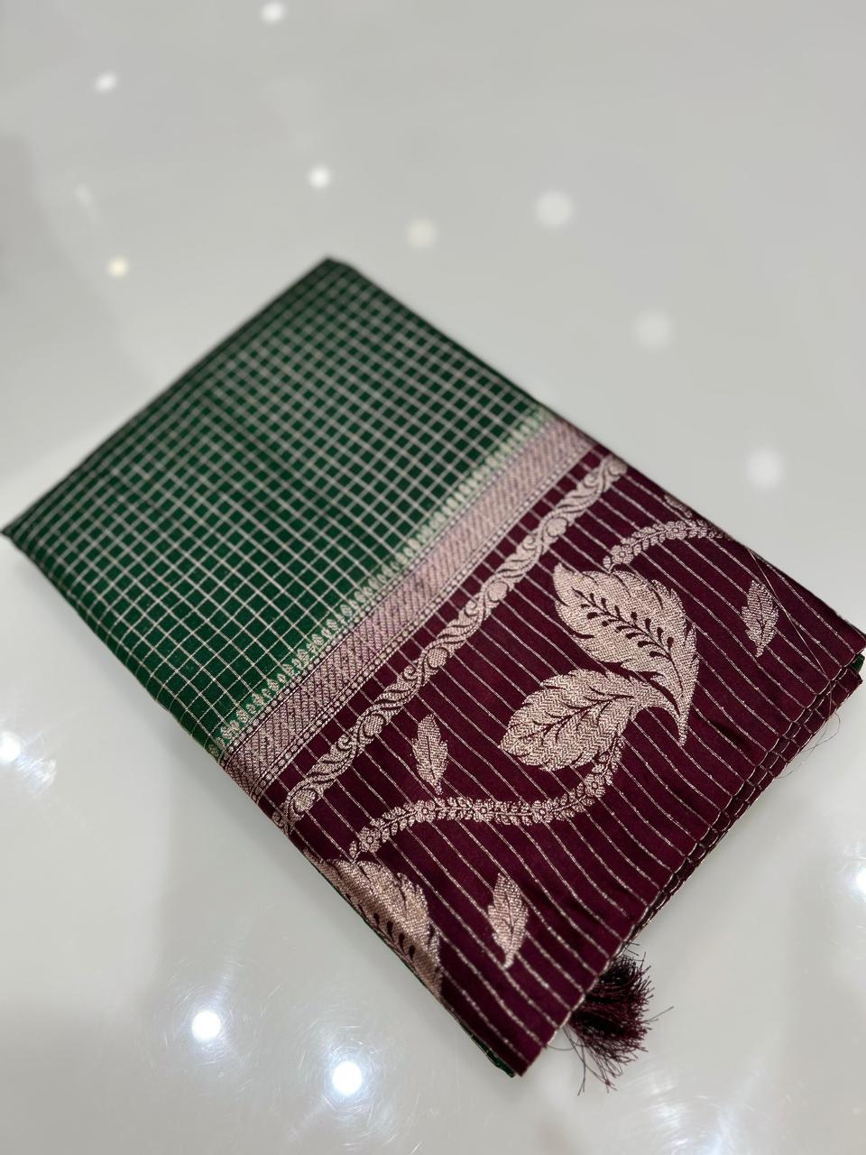 Semi Silk Saree -Bottle green to Coffee brown  shade Search code 1029
