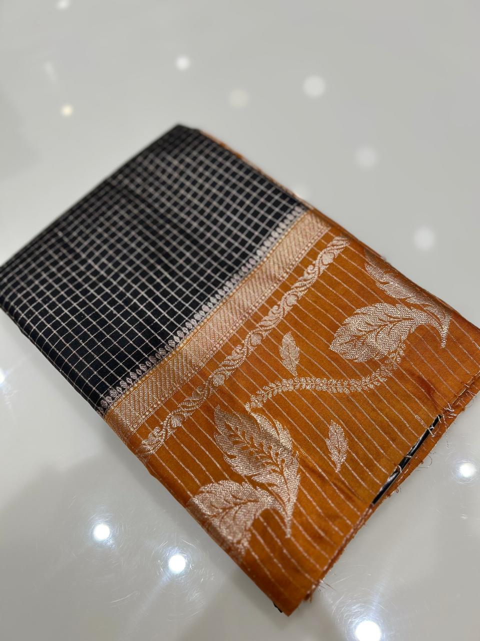 Semi Silk Saree -Black to Orange  shade Search code 1032
