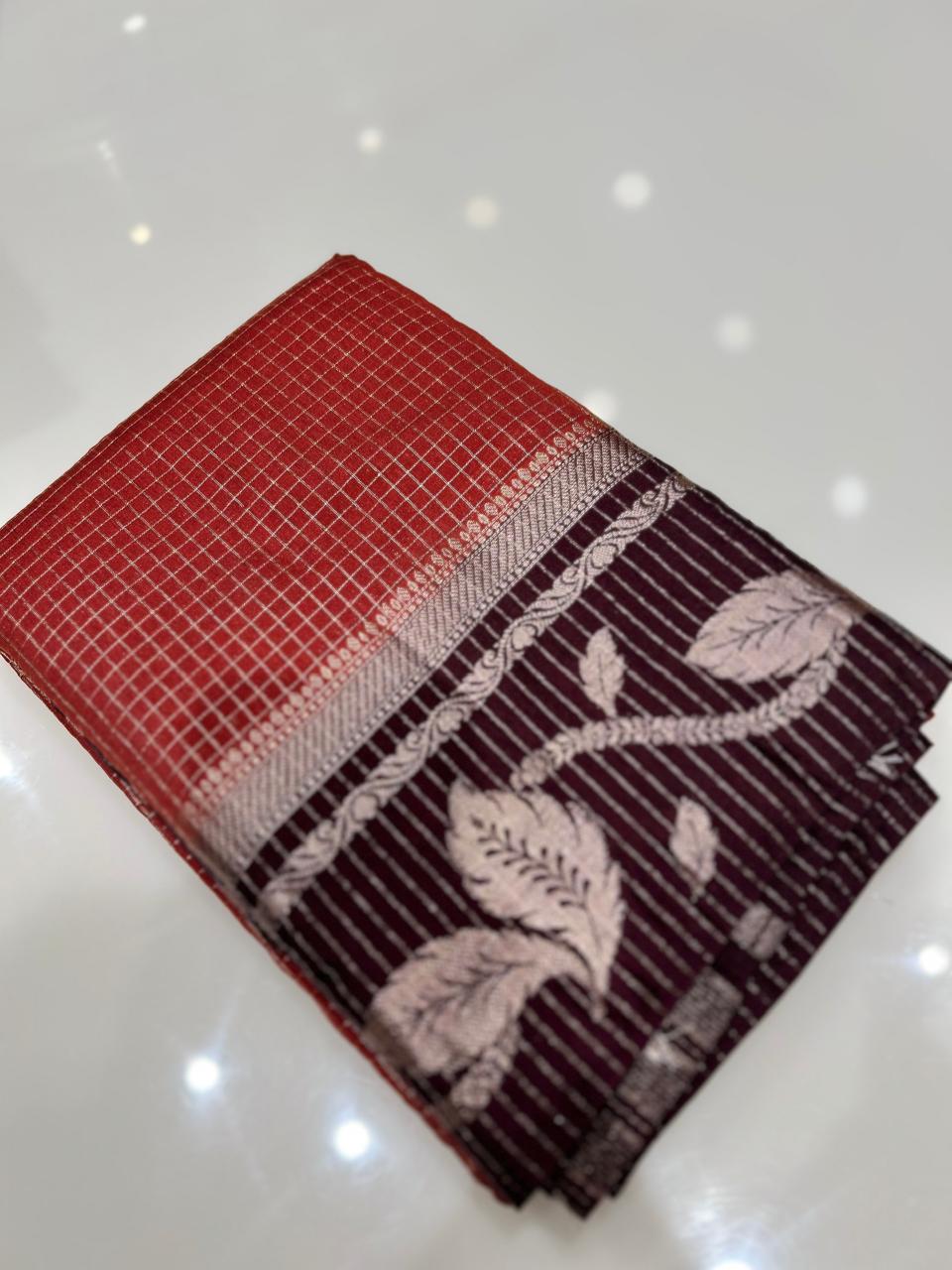 Semi Silk Saree -Burn orange to Coffee brown shade Search code 1033