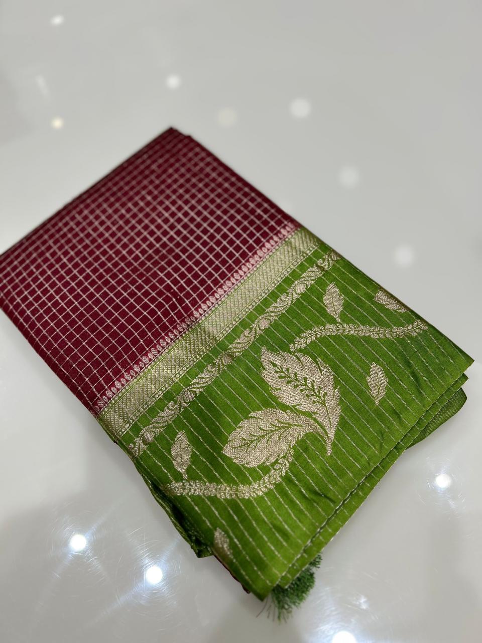 Semi Silk Saree -Maroon to Leaf green shade Search code 1034