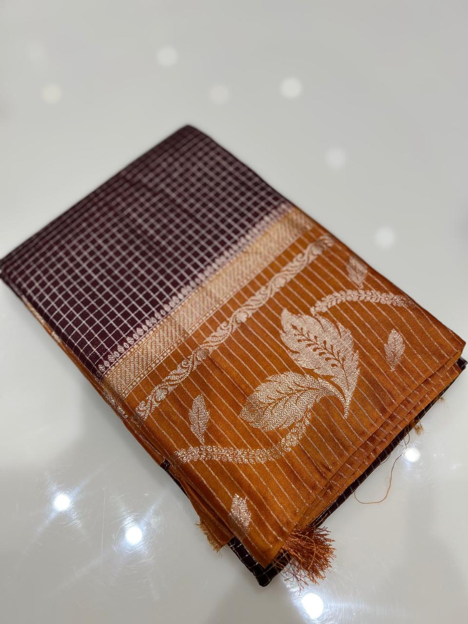 Semi Silk Saree -Dark coffee brown to orange  shade Search code 1035