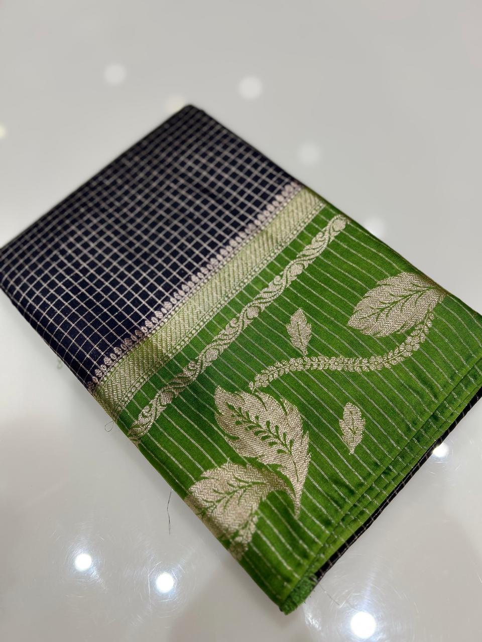 Semi Silk Saree -Navy blue to Green  shade Search code 1036
