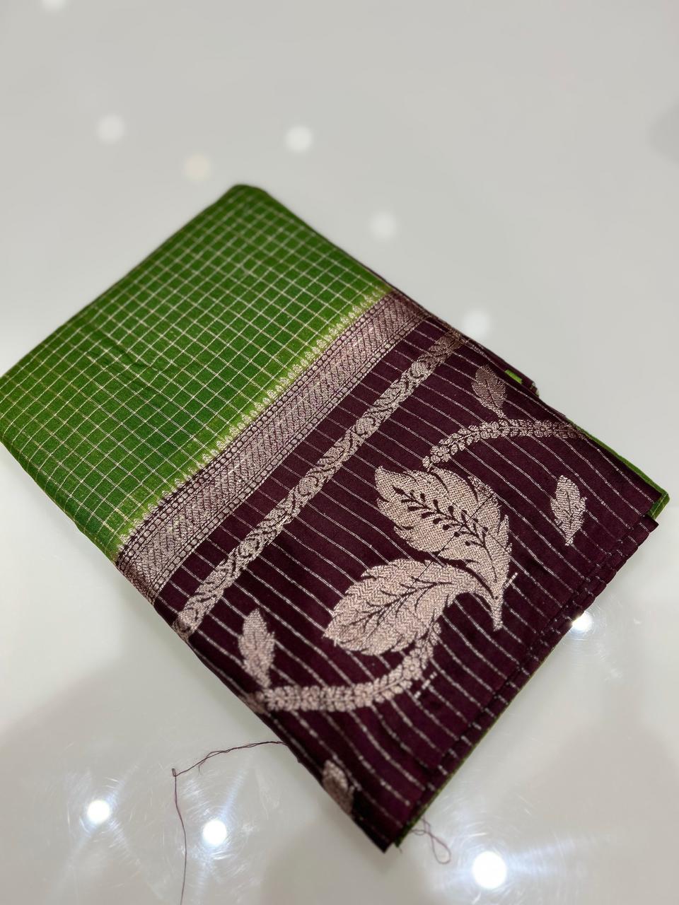 Semi Silk Saree -Green to coffee brown  shade Search code 1037