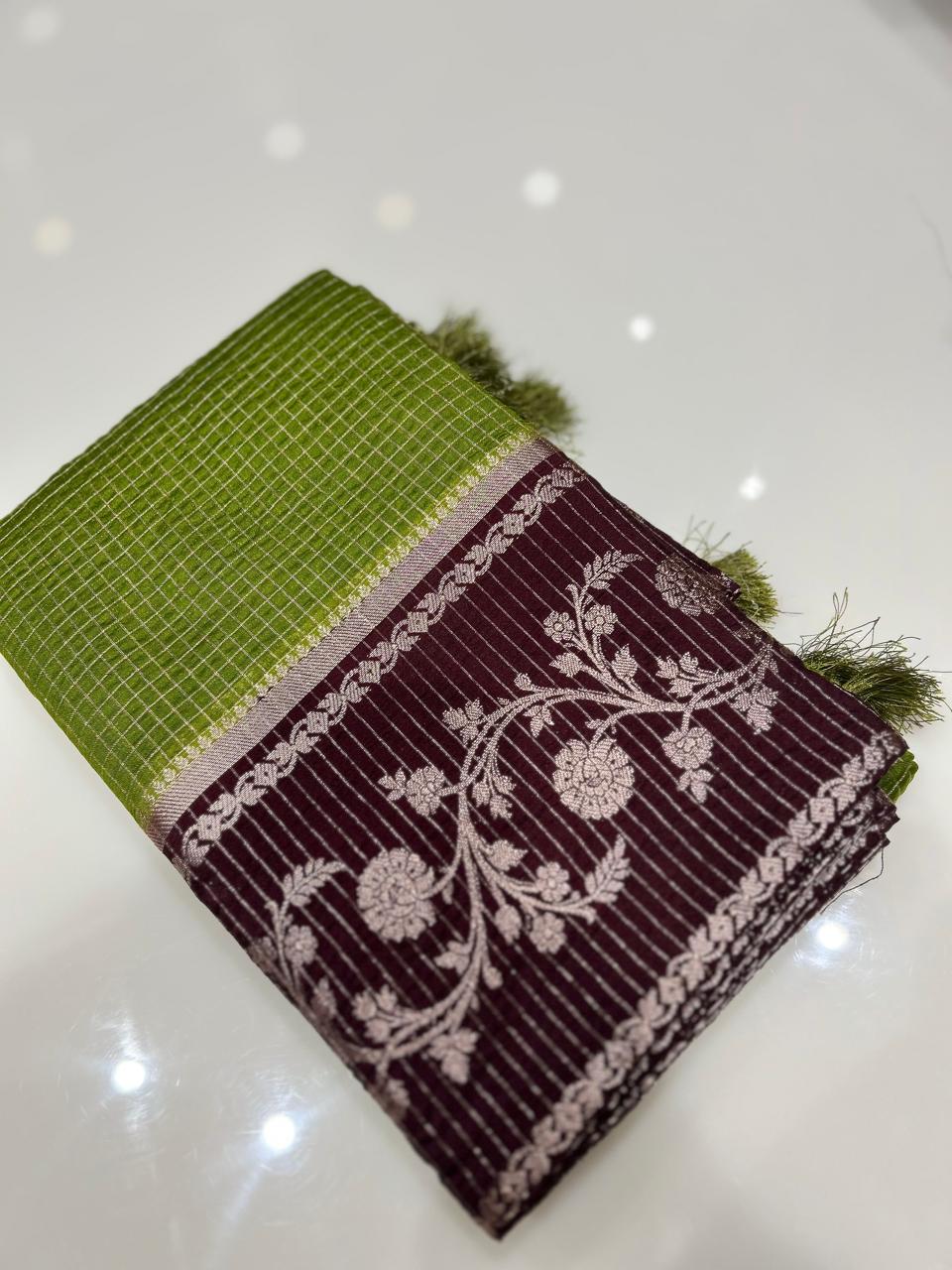 Semi Silk Saree -Leaf green to coffee brown  Search code 1038