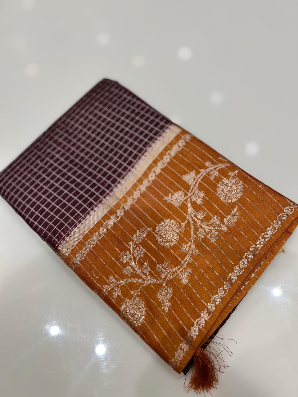 Semi Silk Saree -coffee brown to orange  Search code 1039