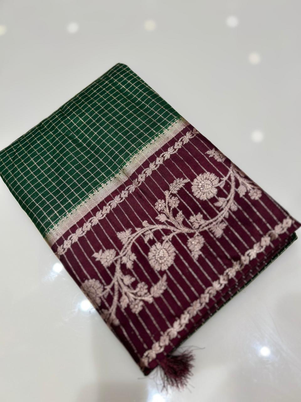 Semi Silk Saree -Bottle green to Coffee brown   Search code 1043