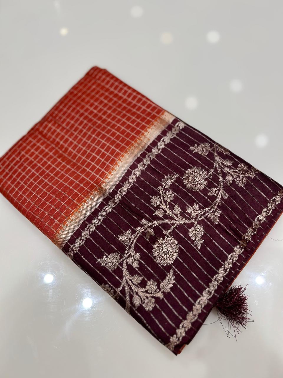 Semi Silk Saree - Orange to Coffee brown   Search code 1044