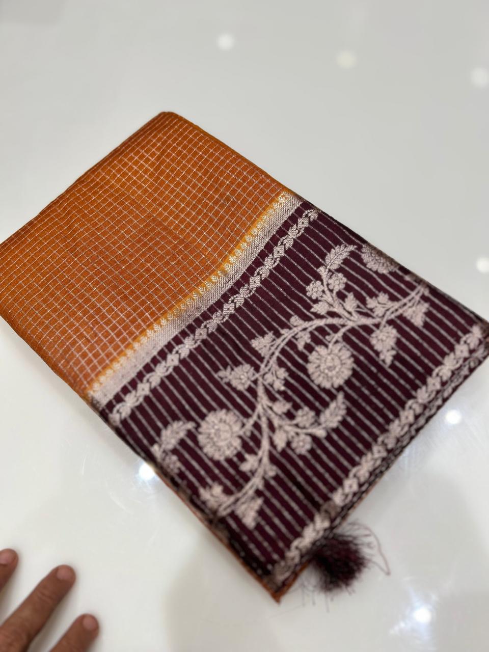 Semi Silk Saree - Light Orange to Coffee brown   Search code 1045