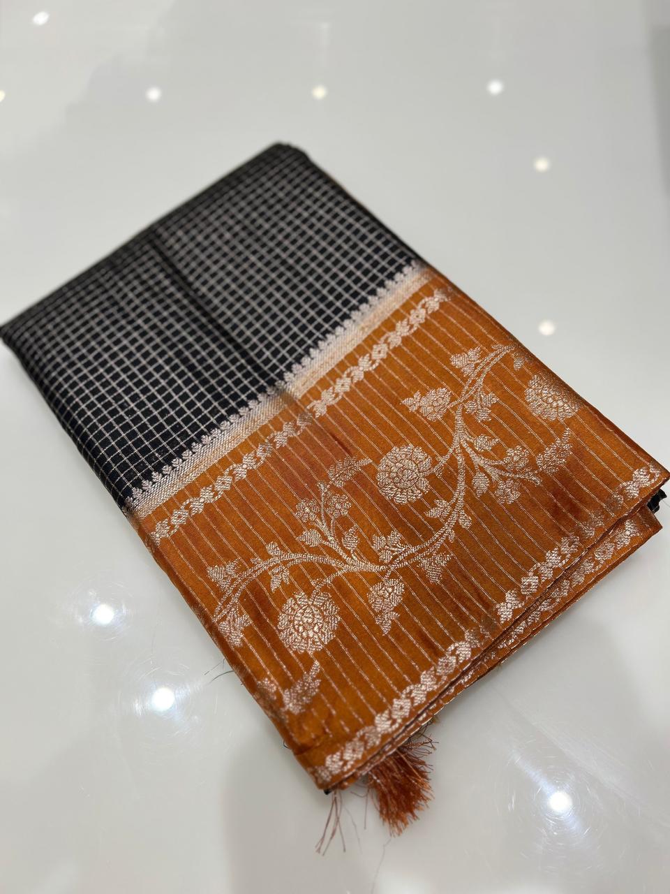 Semi Silk Saree -Black to  Light Orange  Search code 1046