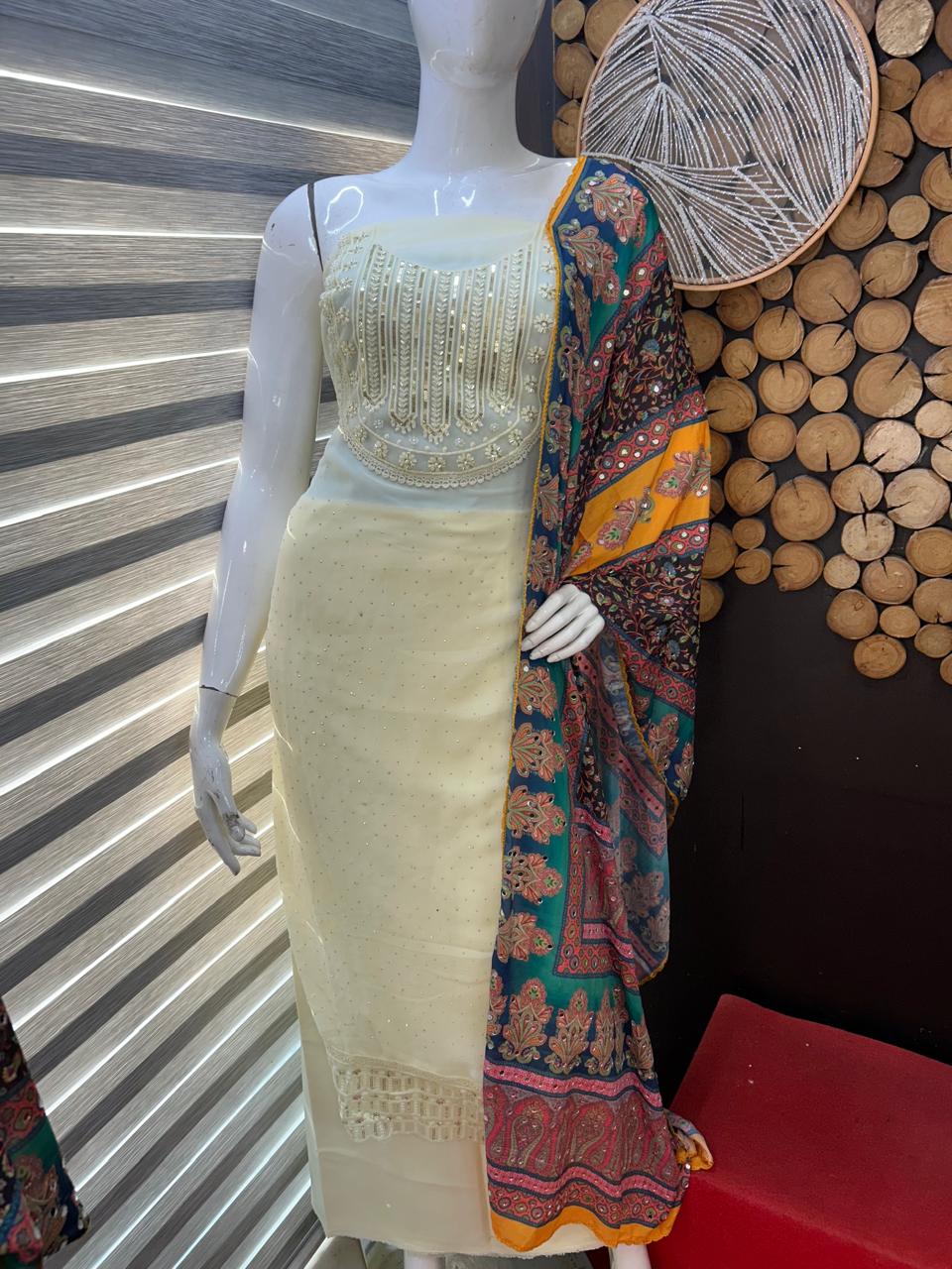 UNSTITCHED SALWAR  SUIT SET - Off white shade Search code 6405