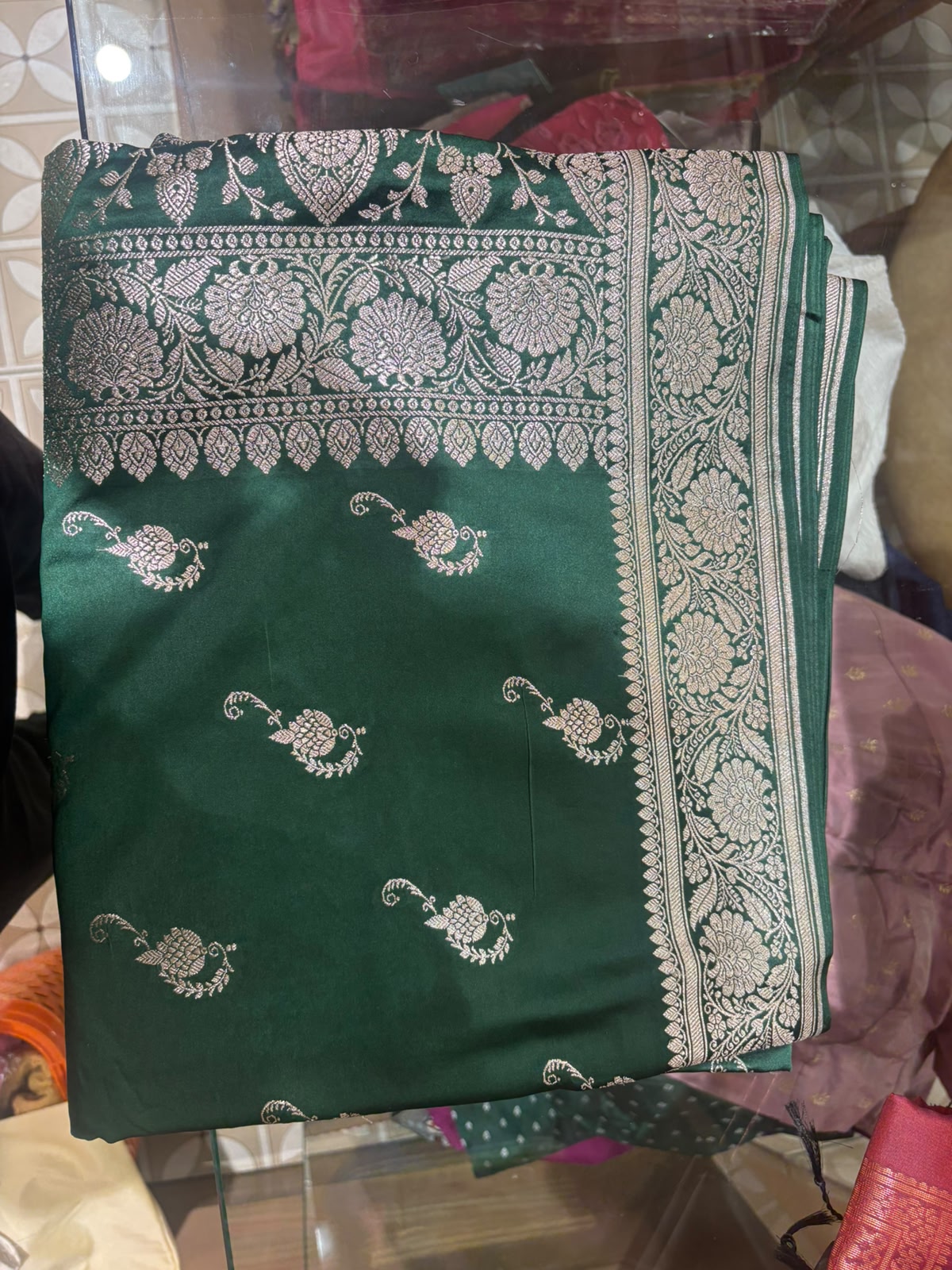 Banarasi katan silk Sarees - Emerald greenshade  Search code 7034