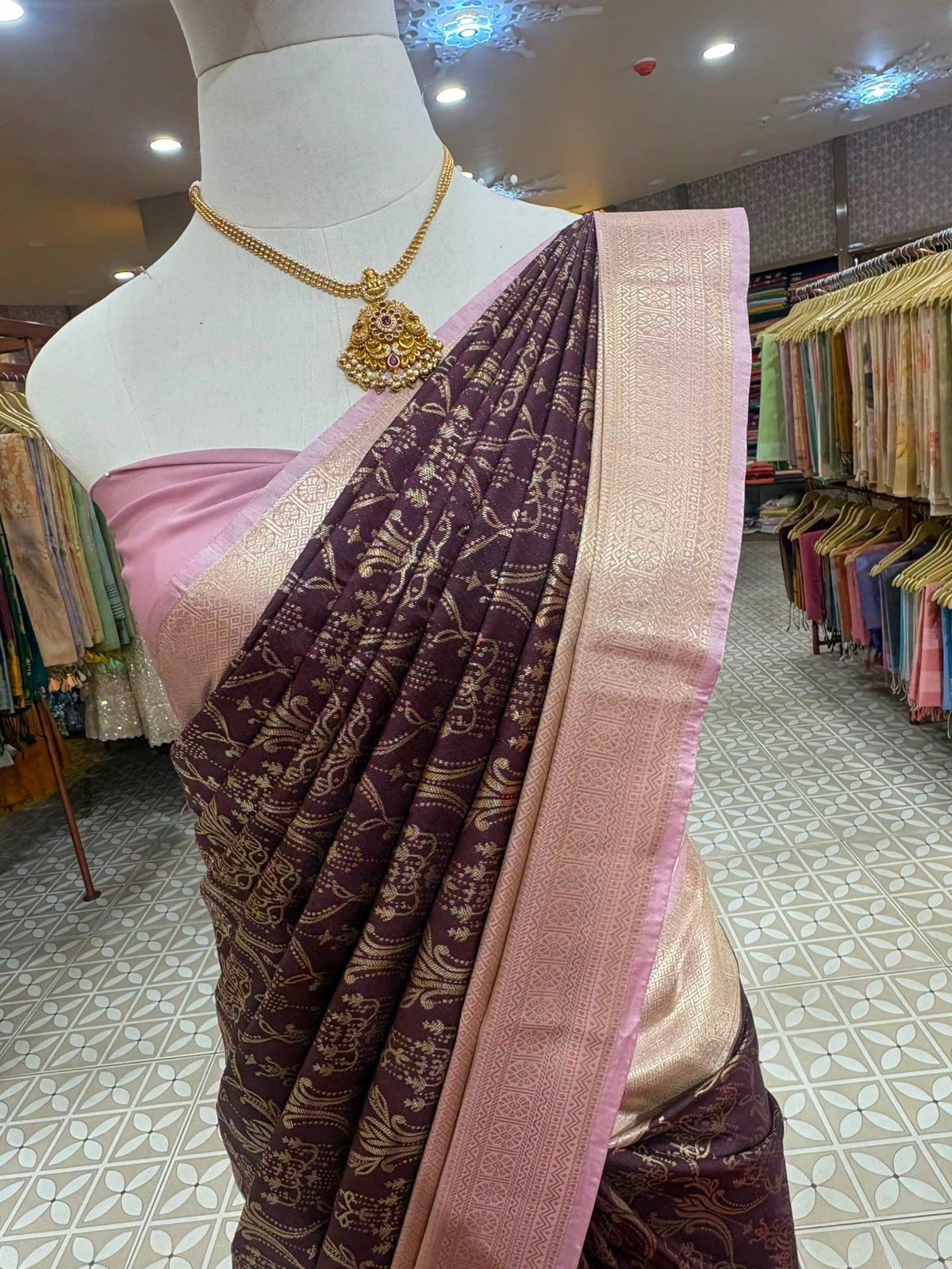 Semi Brocader Saree- Wine & Baby Pink Color search code 6503