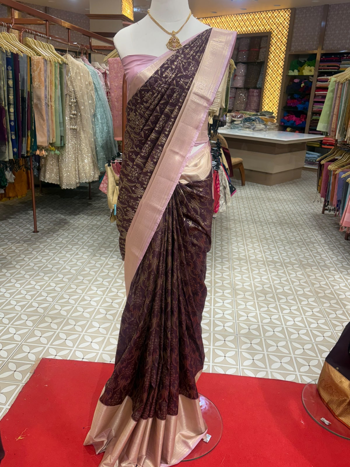 Semi Brocader Saree- Wine & Baby Pink Color search code 6503