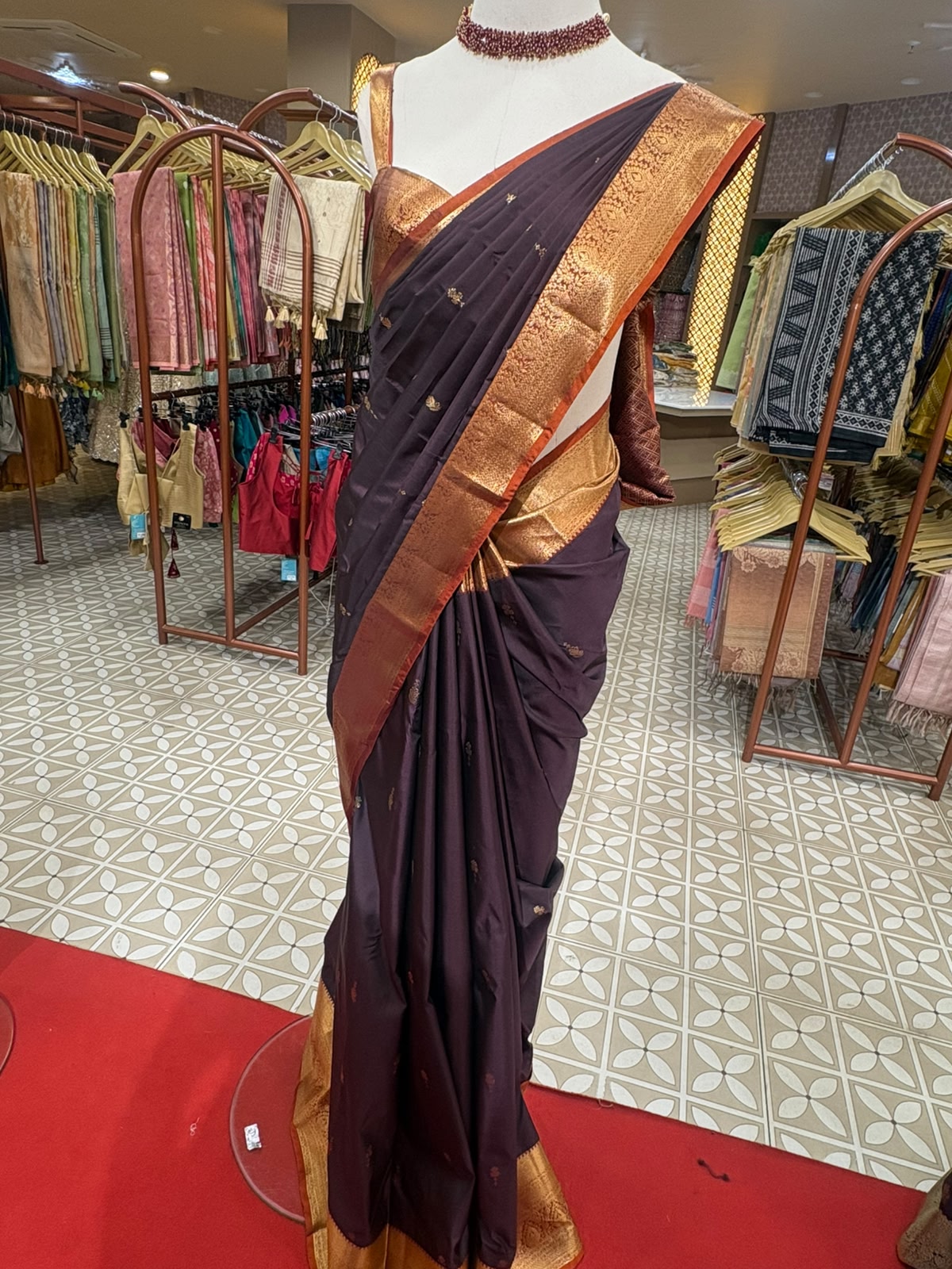 Semi Brocader Saree- Coffee Brown & orange and gold zari Color search code 6504