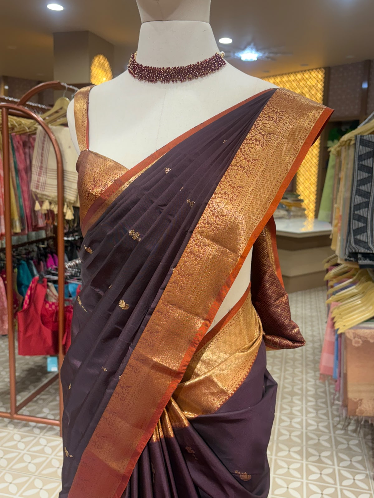 Semi Brocader Saree- Coffee Brown & orange and gold zari Color search code 6504