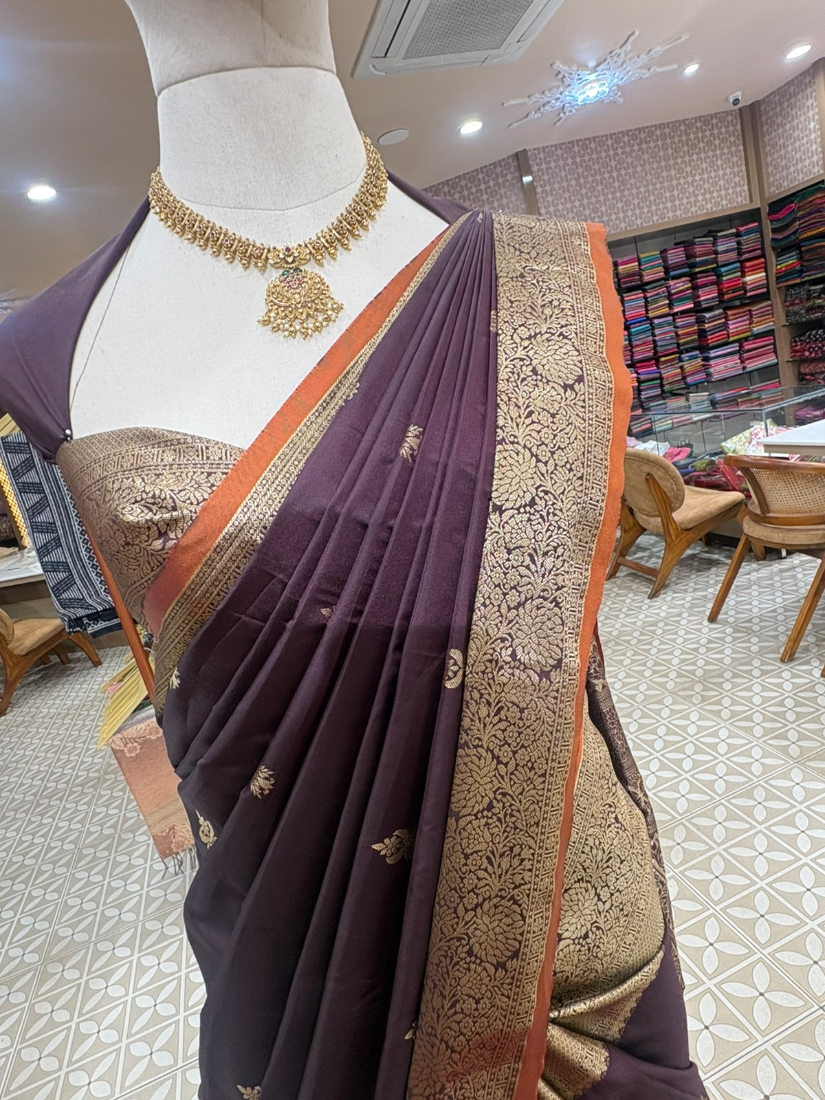 Semi Brocader Saree- Coffee Brown & orange Color search code 6505