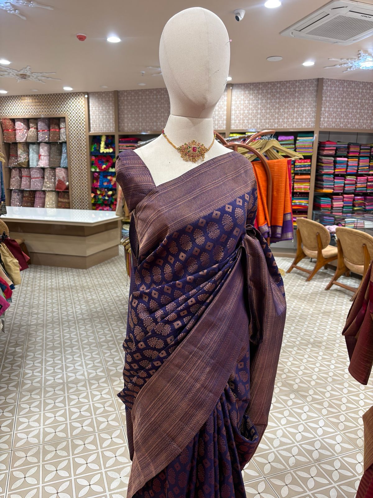 KANCHIPURAM SAREE- regal dark navy blue  Search code 4521