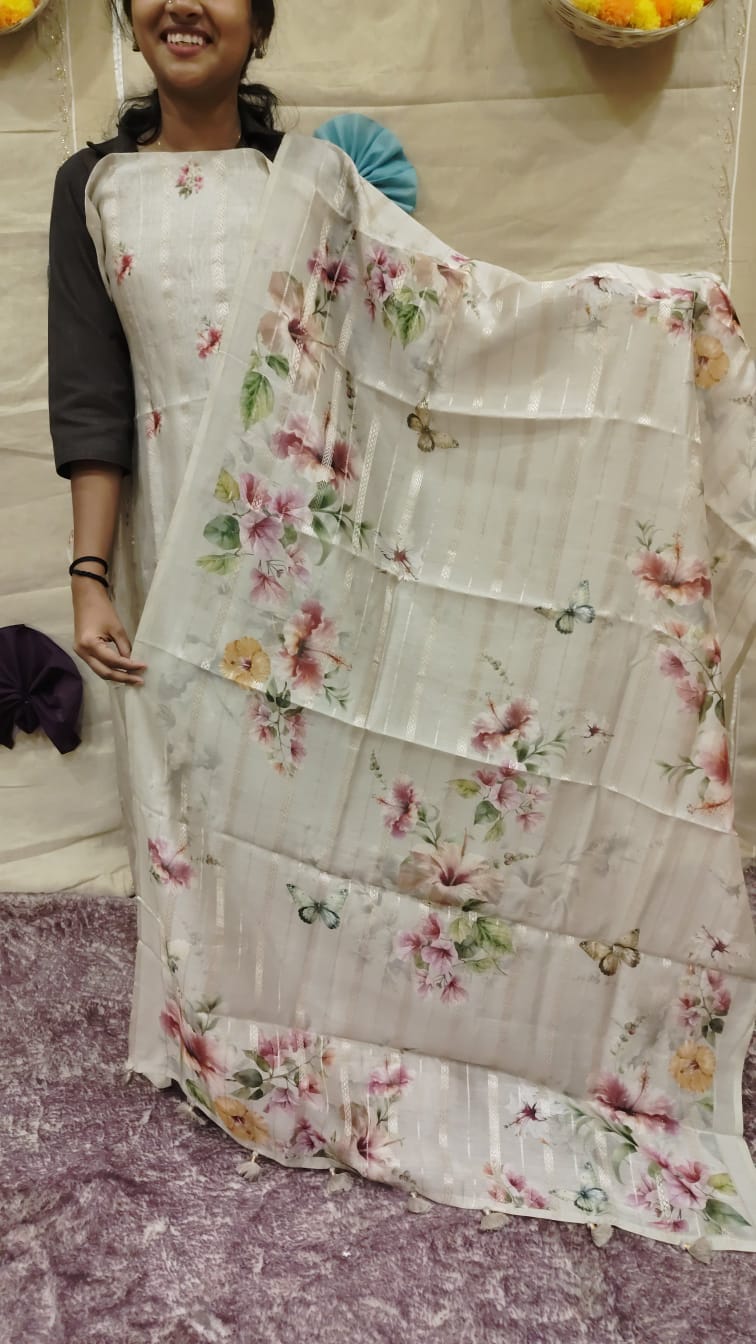 Mul chandheri  Off-White / Ivory  Unstitched Salwar suit set  - shade Search code 3834