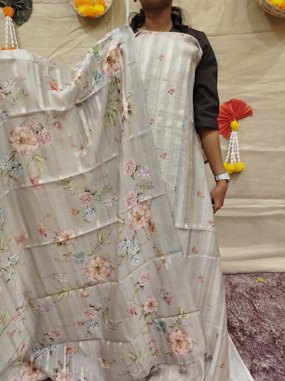 Mul chandheri  Dove Grey Unstitched Salwar suit set  - shade Search code 3836