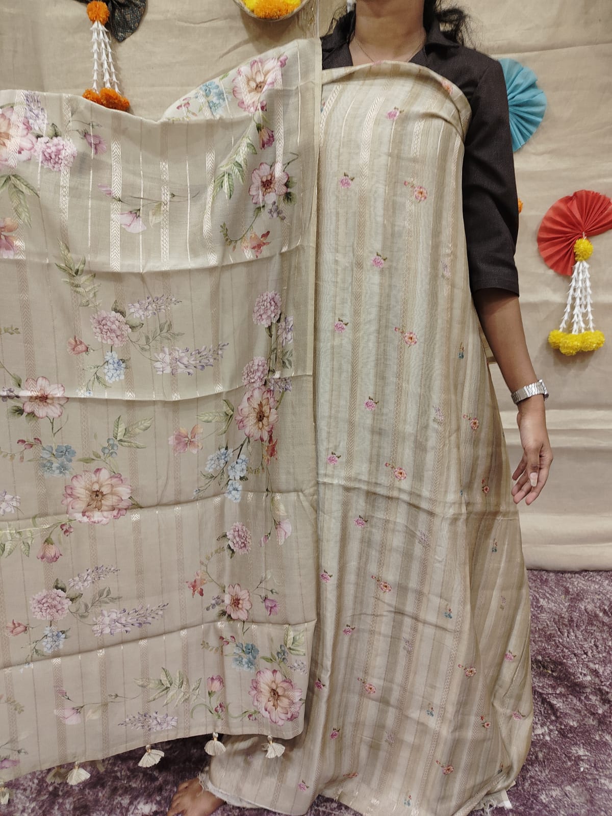 Mul chandheri Linen-Blend SareeUnstitched Salwar suit set  - shade Search code 3838