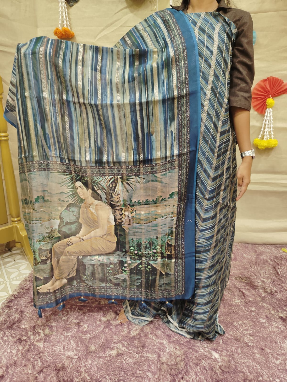 Mul chandheri Prussian Blue Unstitched Salwar suit set  - shade Search code 3839