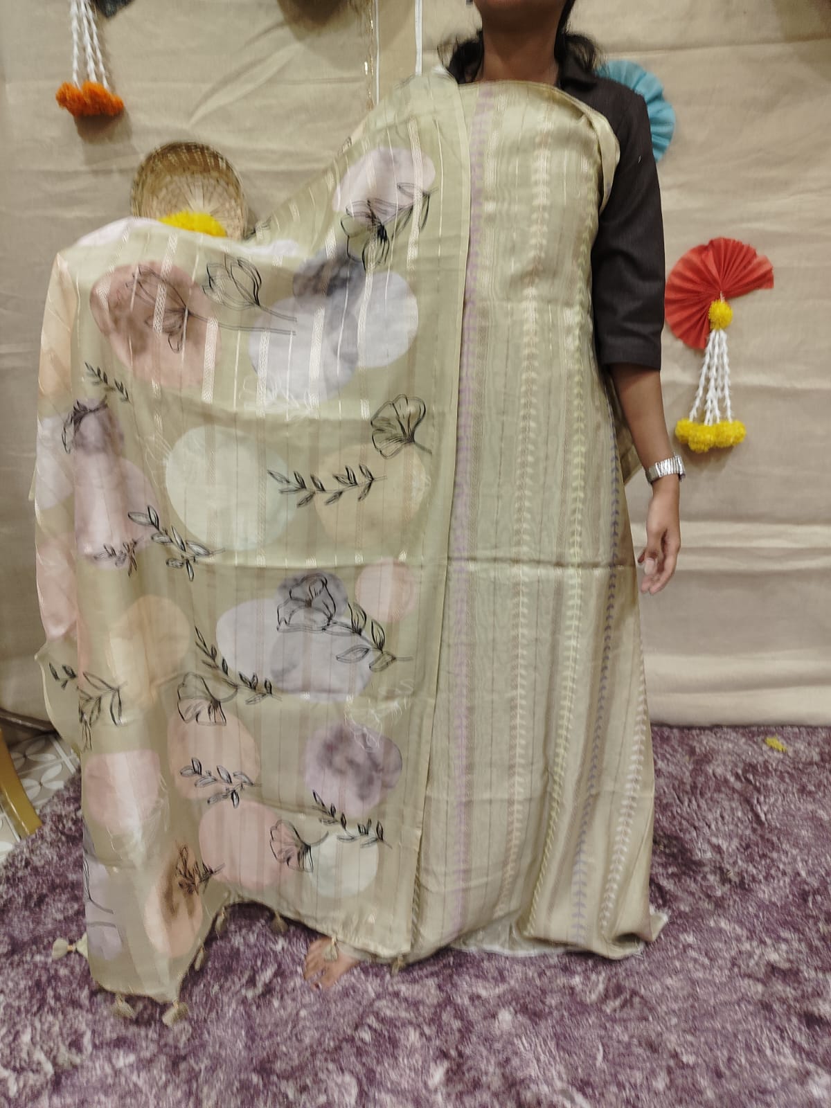 Mul chandheri Beige / Light Olive : Unstitched Salwar suit set  - shade Search code 3841