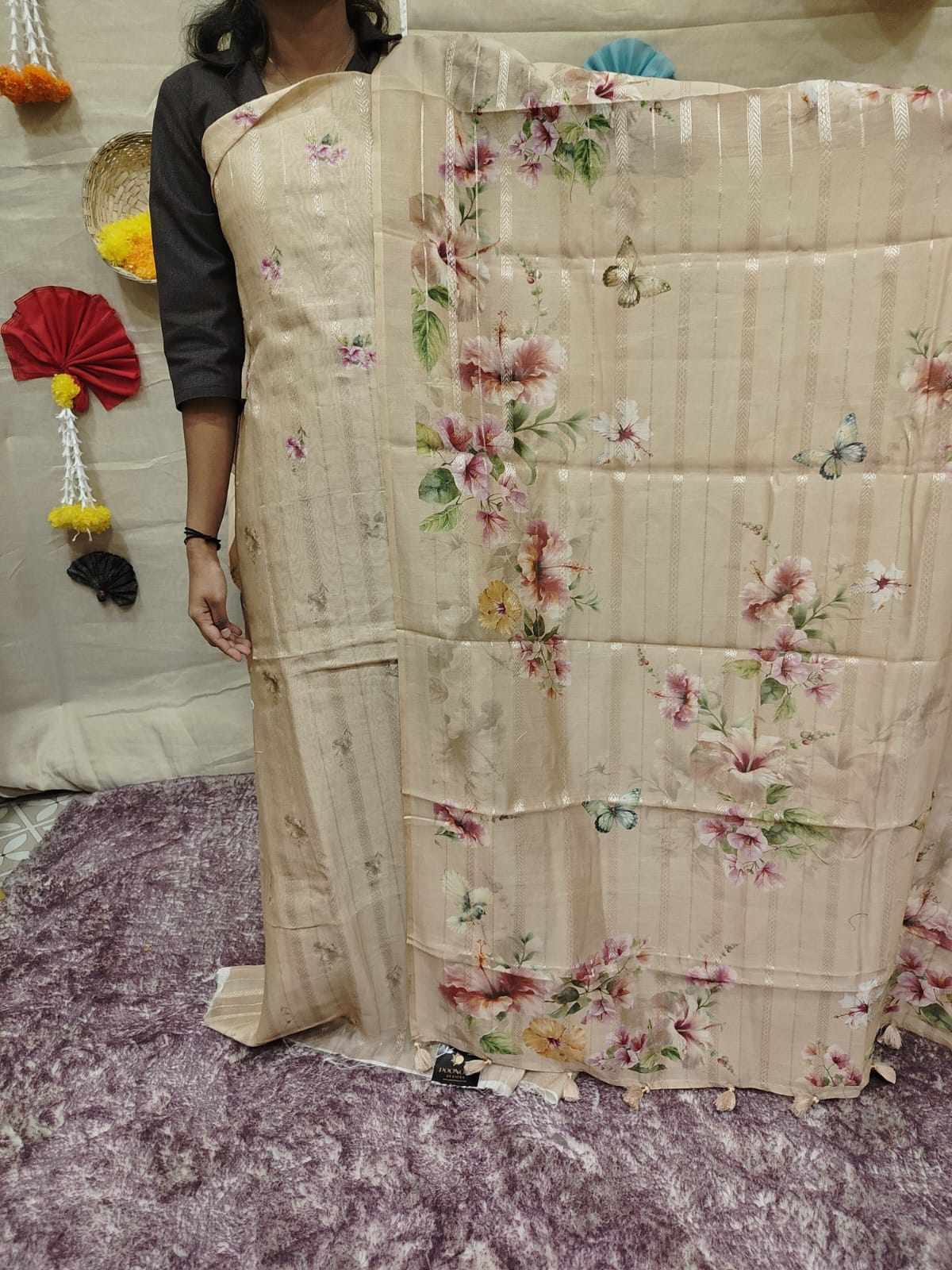 Mul chandheri elegant beige Unstitched Salwar suit set  - shade Search code 3843
