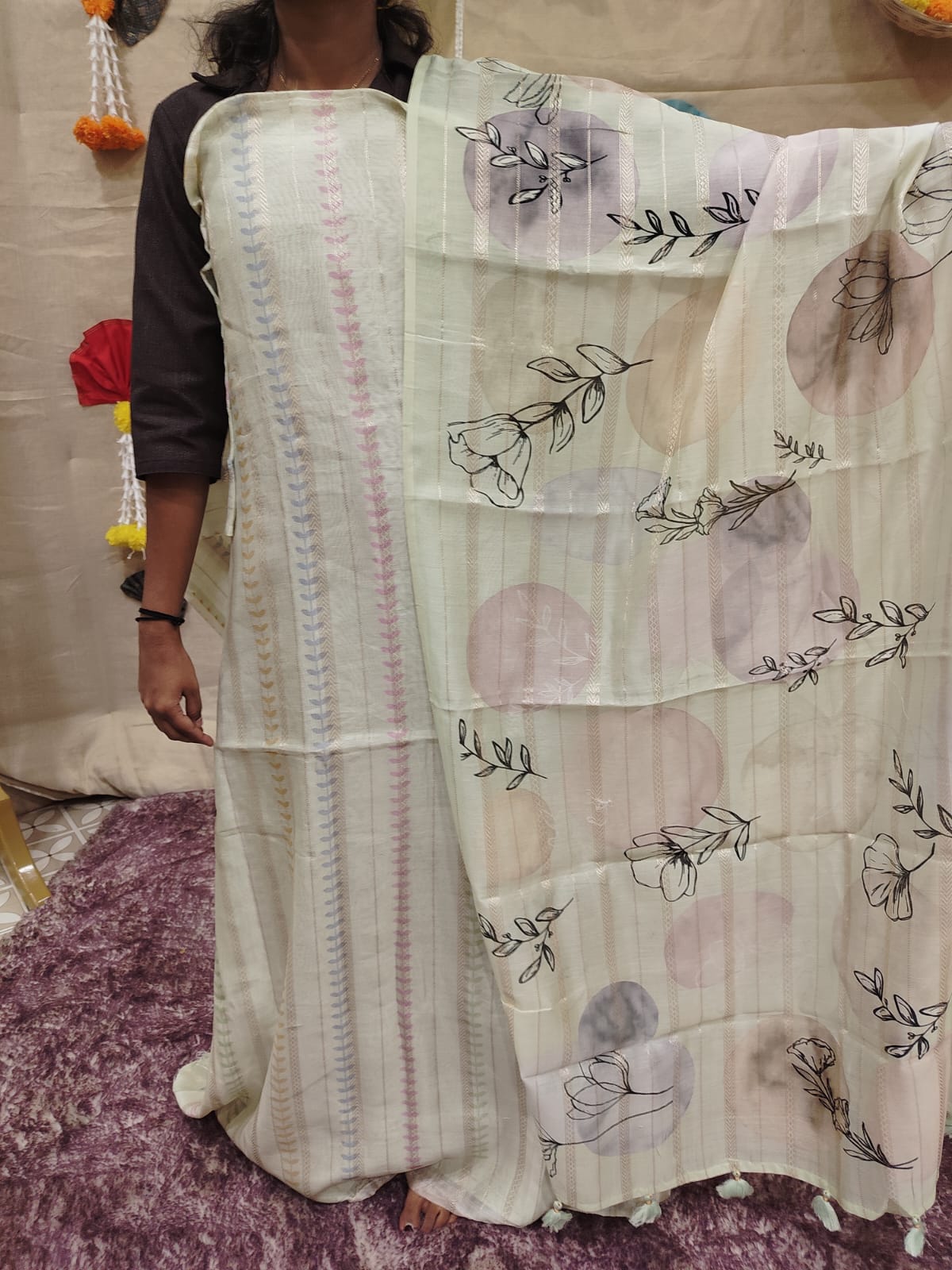 Mul chandheri tinted Cream  Unstitched Salwar suit set  - shade Search code 3843