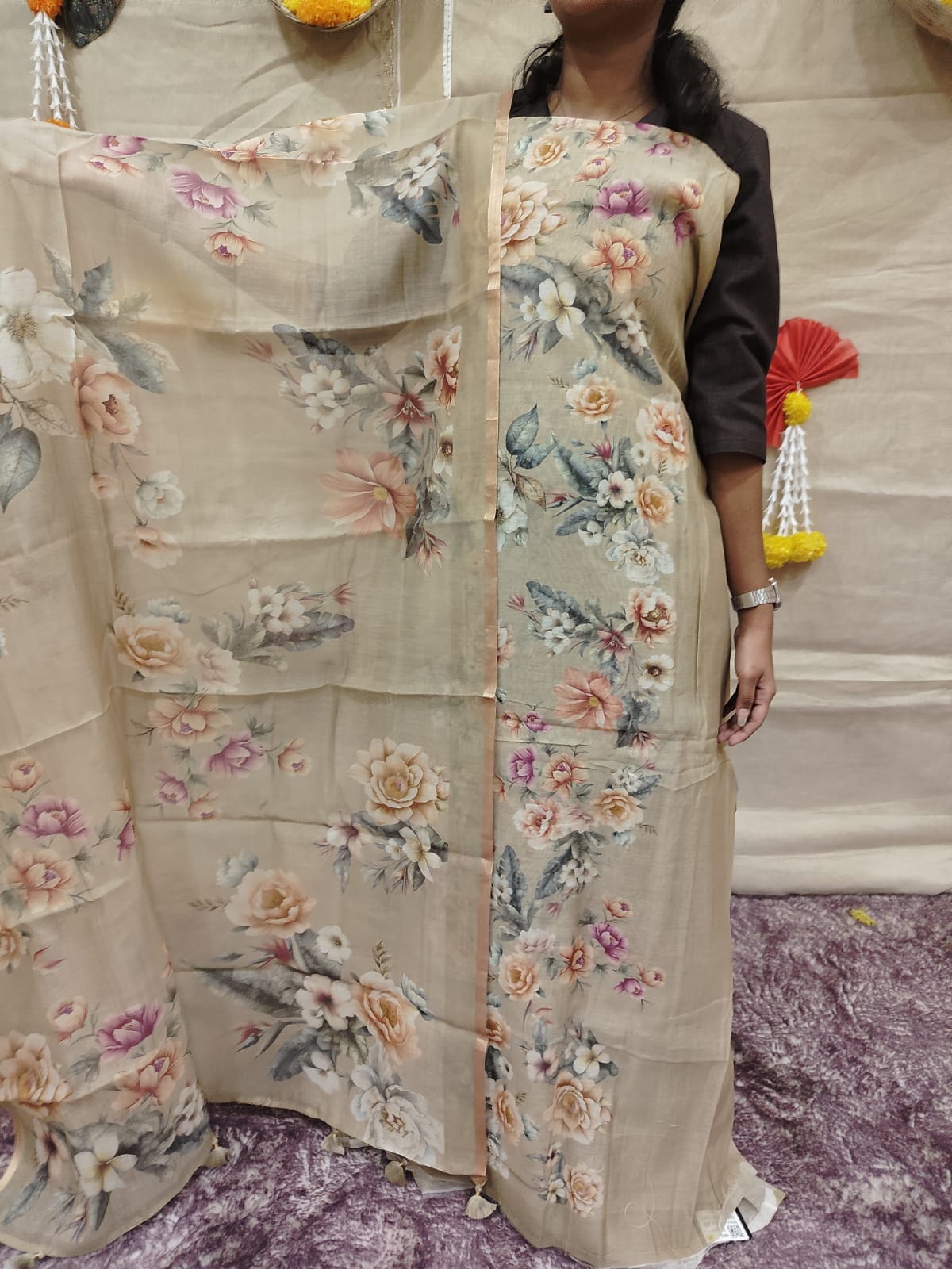 Mul chandheri Vintage Muted Beige / Warm Sand  Unstitched Salwar suit set  - shade Search code 3850