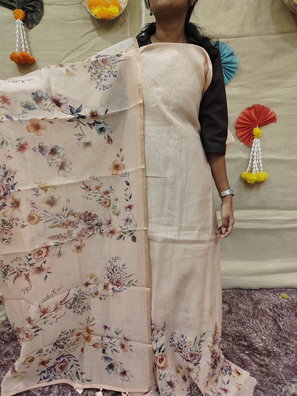 Mul chandheri Vintage Contemporary Pastel Floral Linen-Silk  Unstitched Salwar suit set  - shade Search code 3852