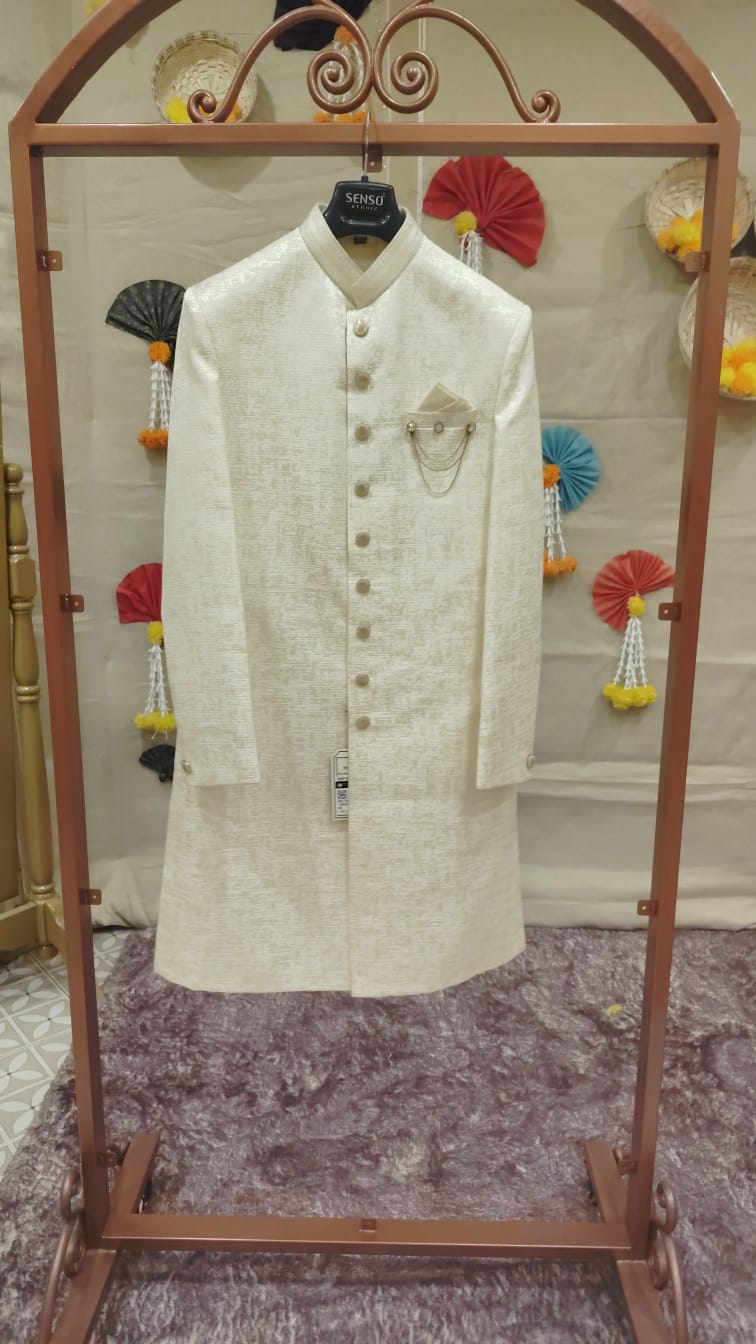 Regal Ivory & Gold Textured Sherwani Search code 7600