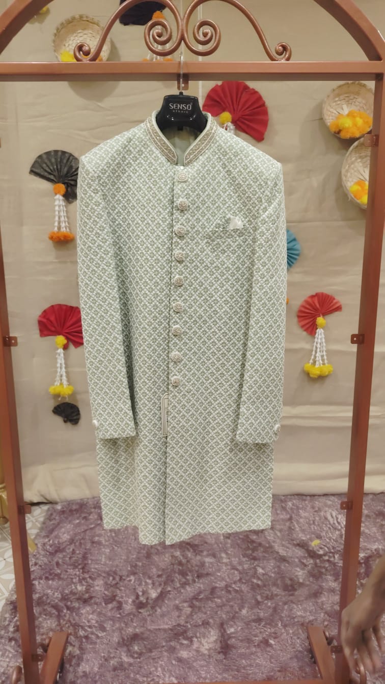 Mint Sage Geometric Embroidered Sherwani Search code 7601