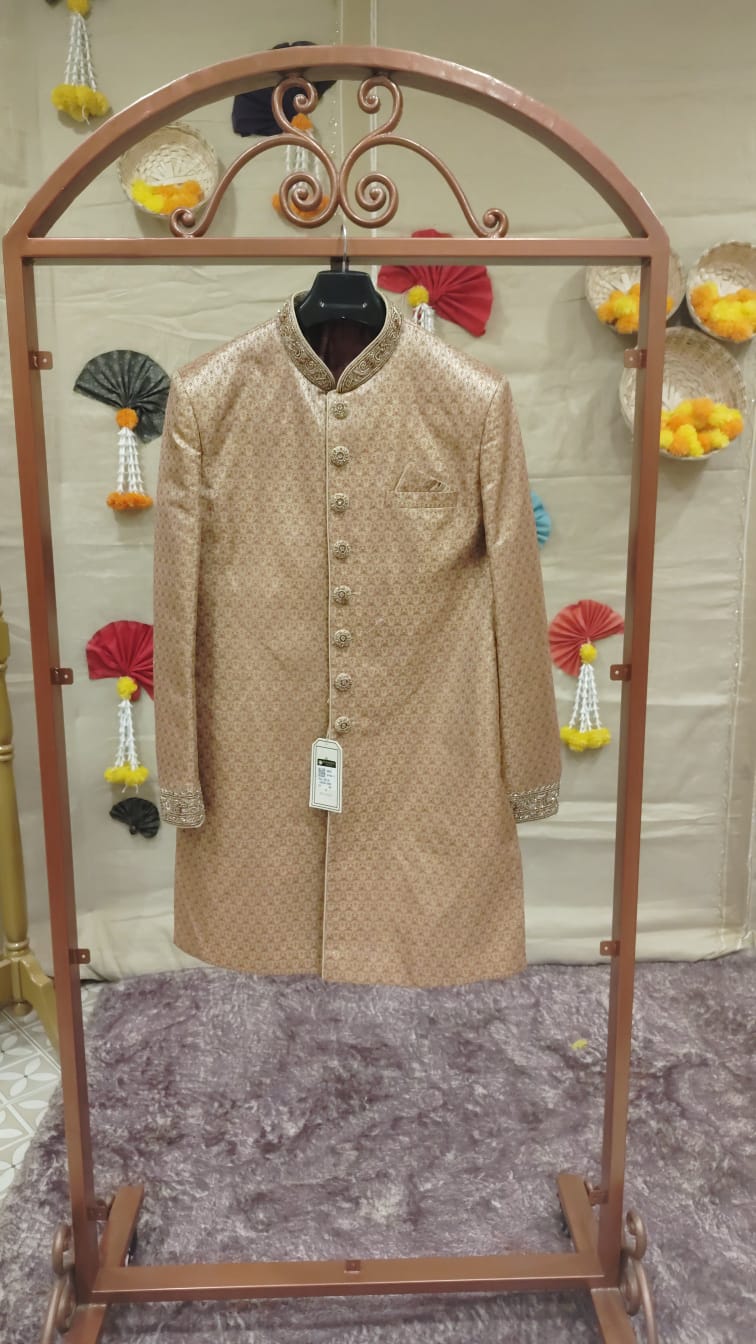 Antique Gold & Bronze Banarasi Brocade Sherwani Search code 7602
