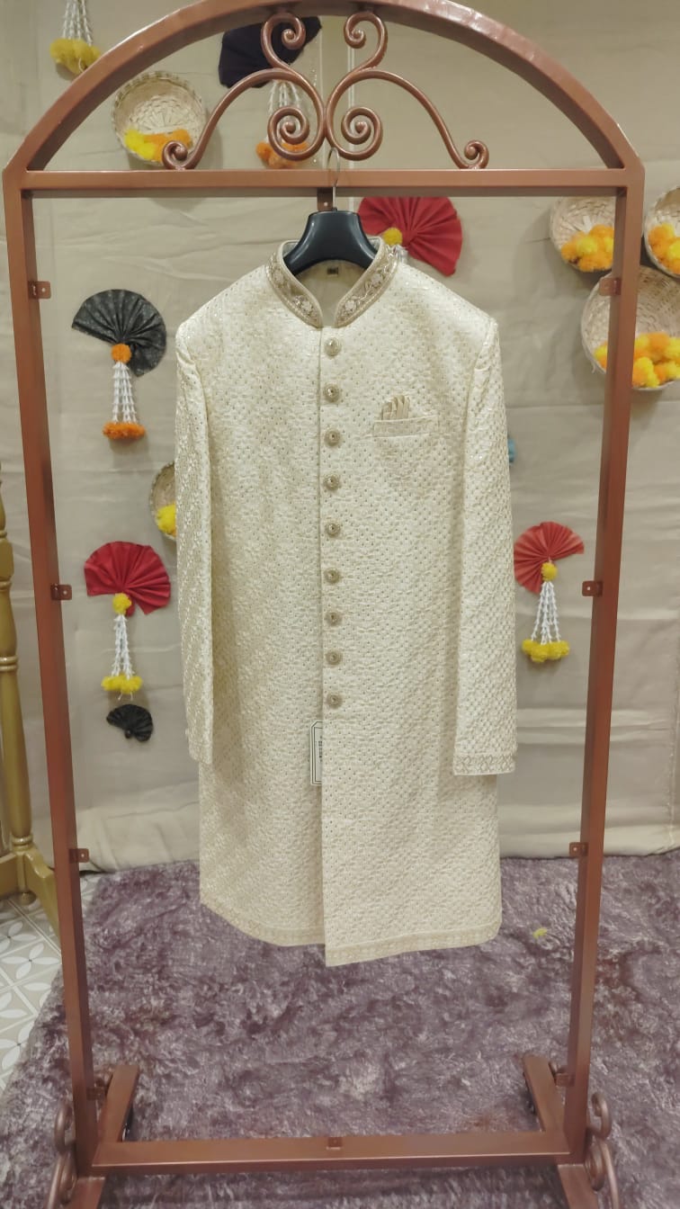 Cream Ivory Honeycomb Textured  Sherwani Search code 7604