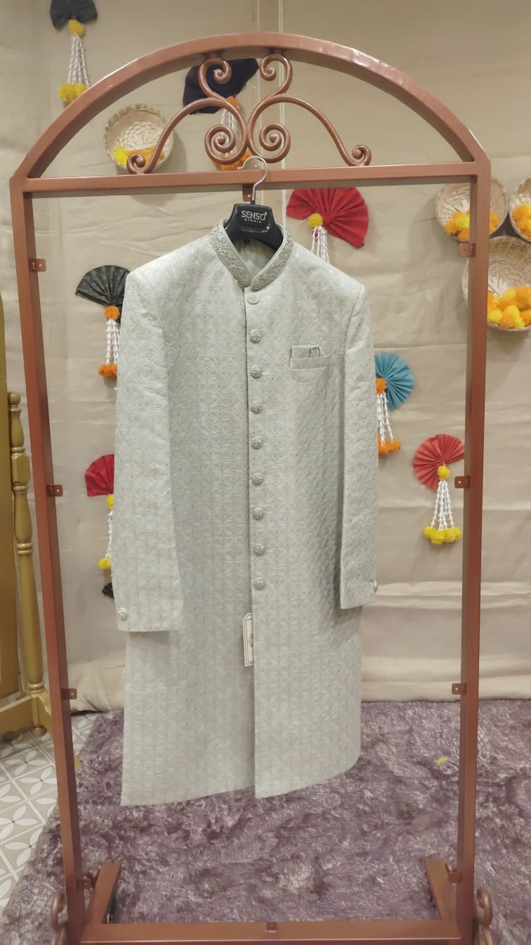 Powder Blue & Metallic Silver Textured Sherwani Search code 7605