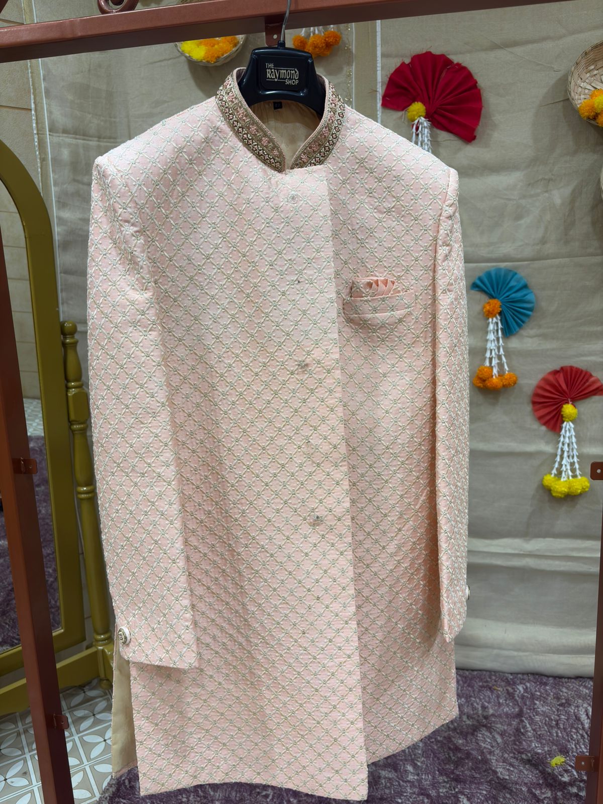 Blush Pink Geometric Lattice Embroidered Sherwani Search code 7606