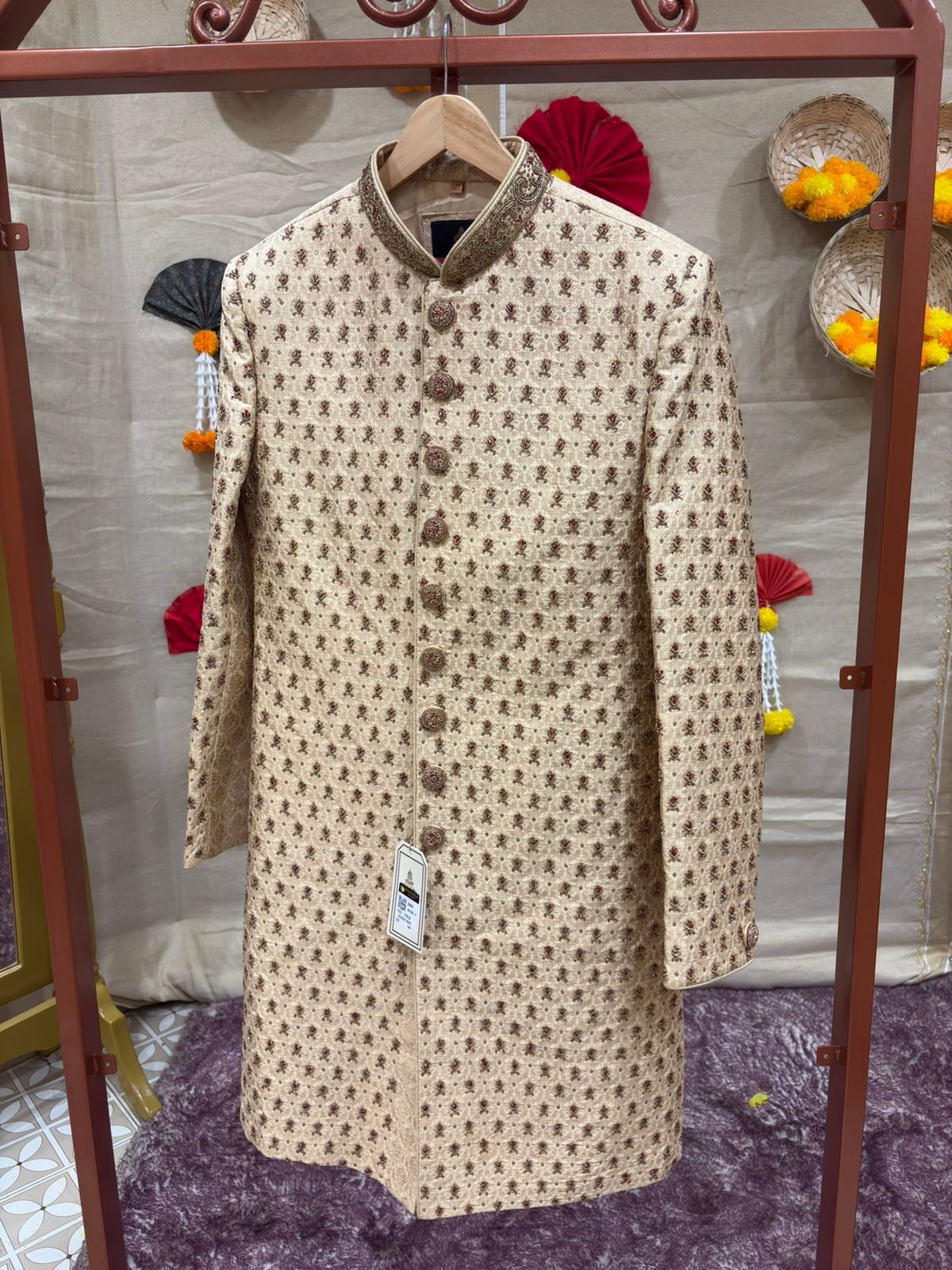 Cream Gold & Maroon Floral Booti Banarasi  Sherwani Search code 7607