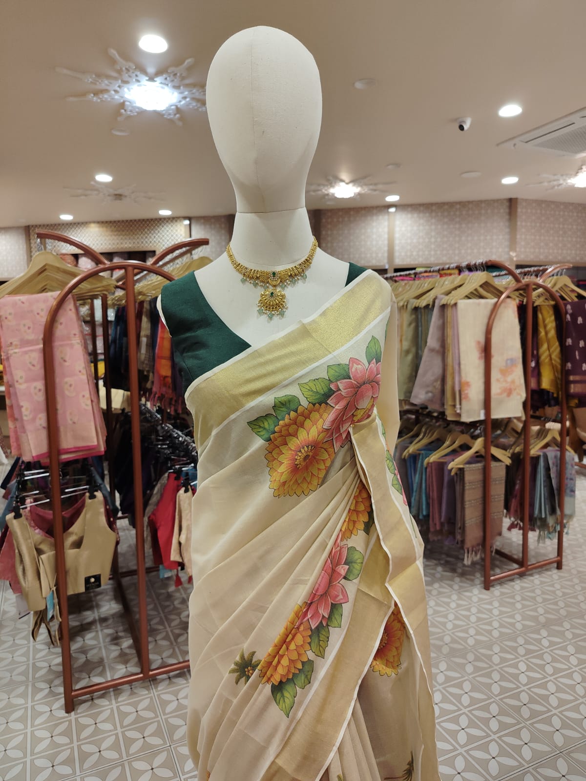 Onam collection - Kerala Kasavu Saree (with Mural/Floral Painting) shade Search code 2501