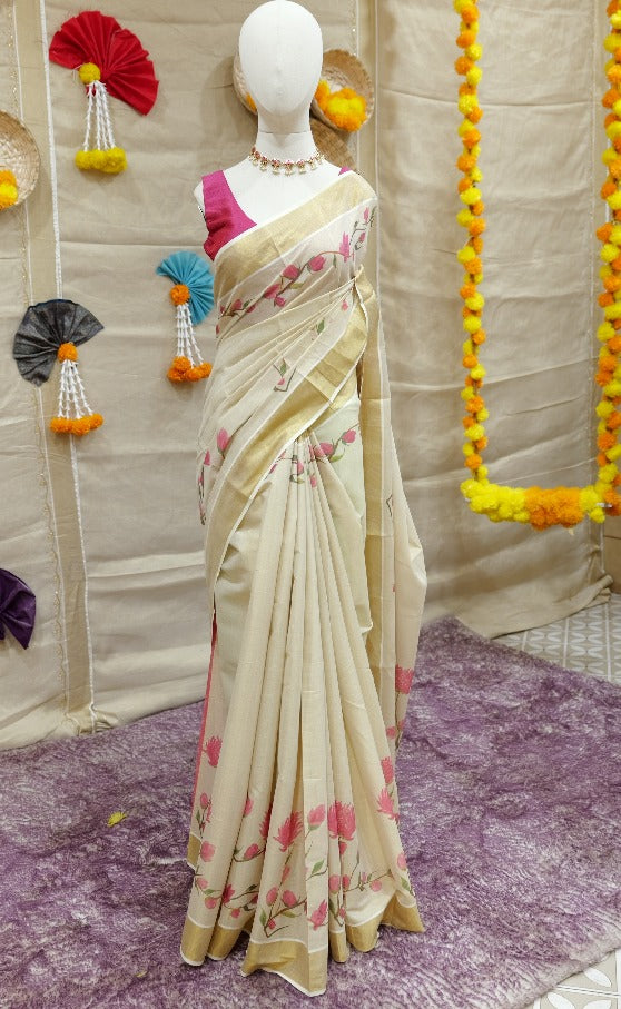 Onam collections Kerala Kasavu Saree (with Floral Block Prints/Paint) shade Search code 2502