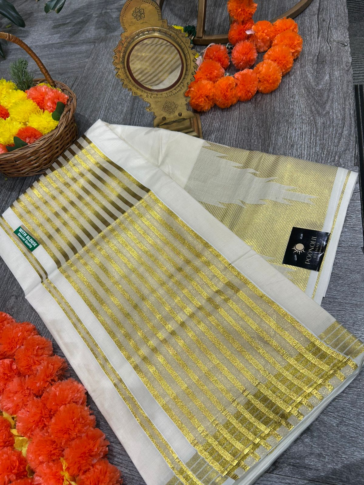 kerala saree - Cream Cotton  shade Search code 2103