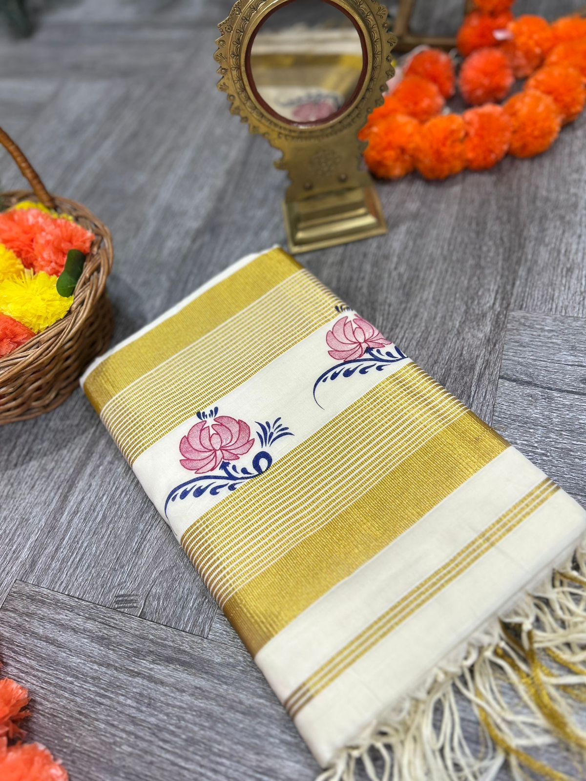 kerala saree - Cream Cotton  shade Search code 2106