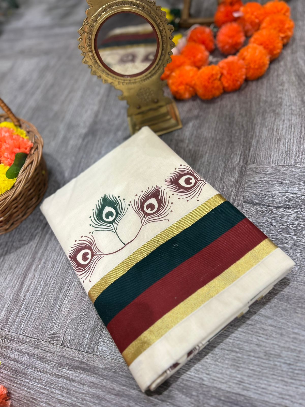 kerala saree - Cream Cotton  shade Search code 2108