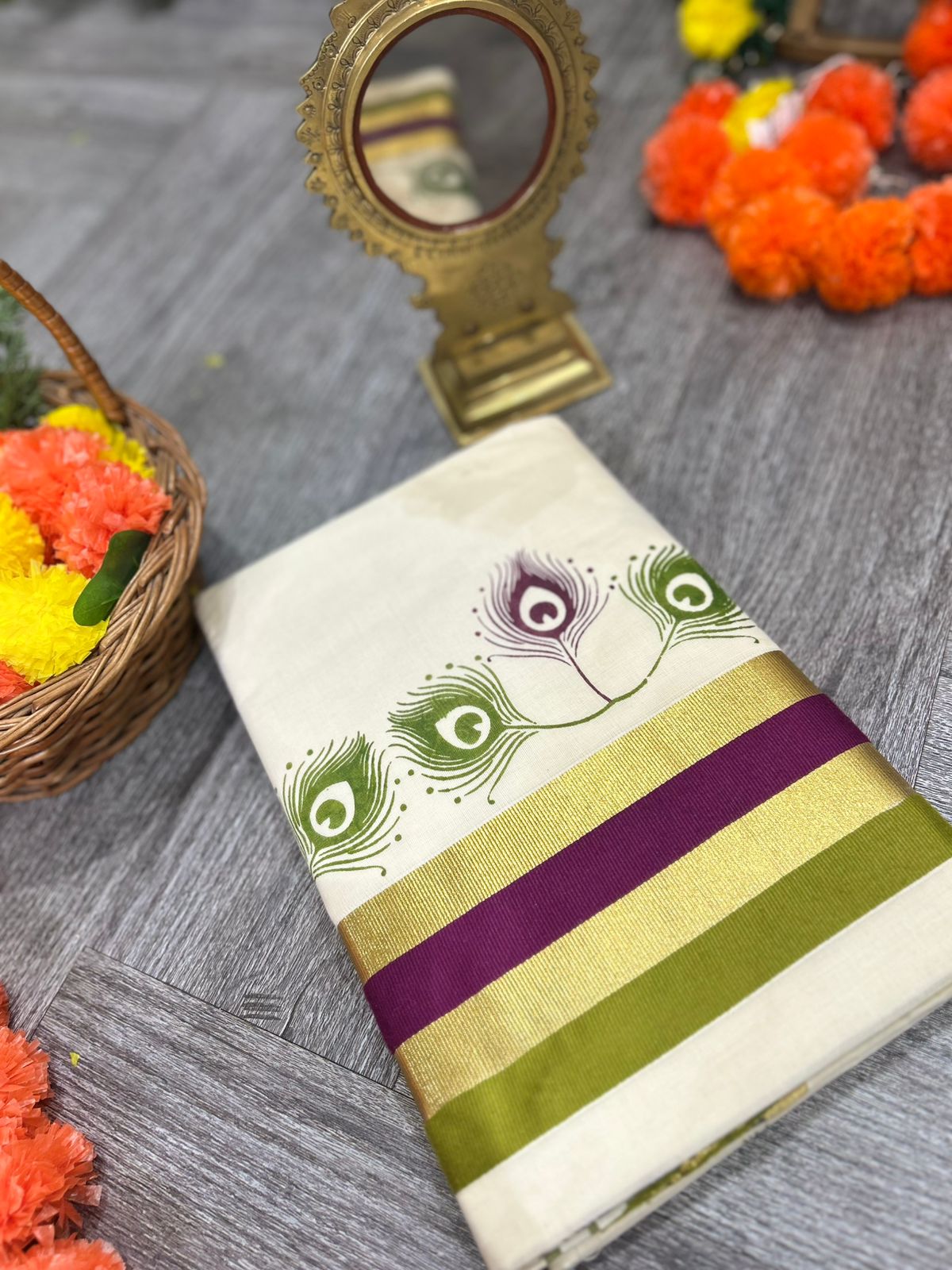 kerala saree - Cream Cotton  shade Search code 2109